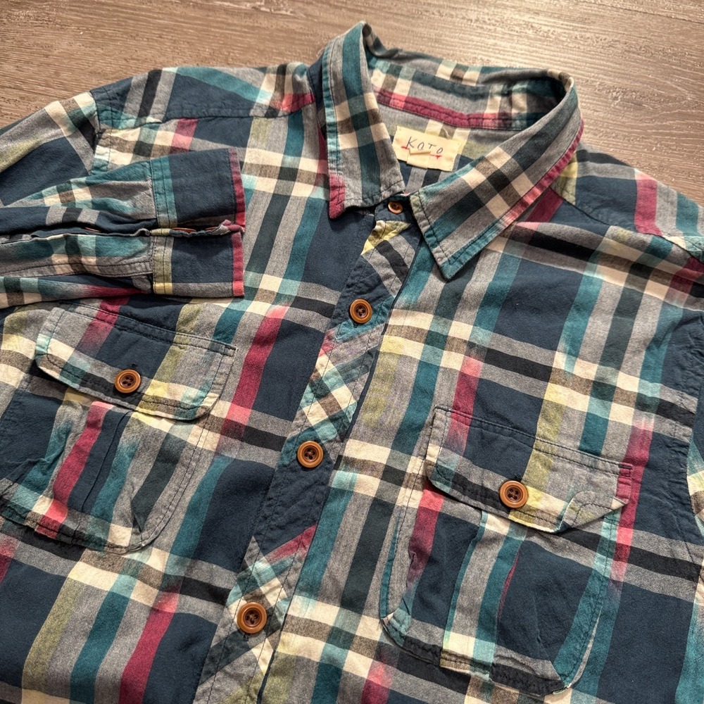 Koto Shirt Mens XL Blue Plaid Button UP 100% Cotton Flap Pocket 90s Y2K Adult